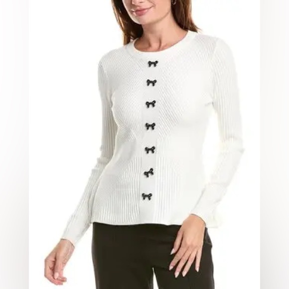 Nanette Lepore | Bow Front Long Sleeve Ribbed Peplum Sweater - Picture 2 of 7